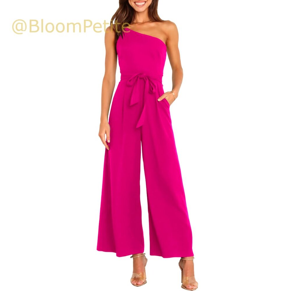 One Shoulder Sleeveless Jumpsuit with Hidden Pockets, Polyester Elastane